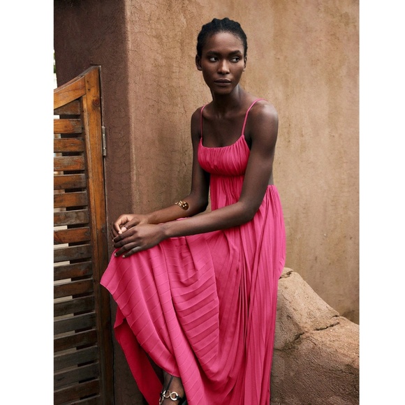 Pink Pleated Maxi Babydoll Dress Open Back Flowy Skirt Tie Straps - Picture 4 of 10